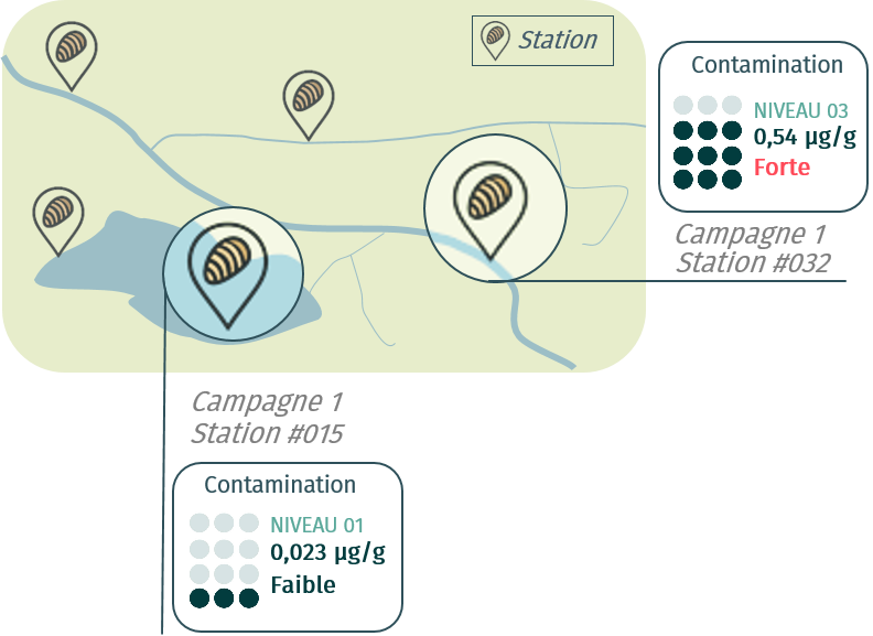 Illustration de l'étude des niveaux de contamination à différents endroits d'une masse d'eau.